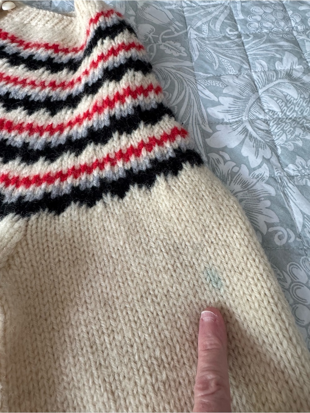 Cream Button Up Cardigan with Black, Gray and Red Stripe Design - Picture 6 of 8